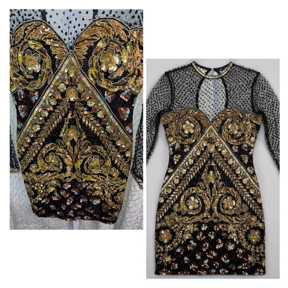 Vintage Naeem Khan Riazee for Neiman Marcus Beaded Sequin Mesh Mini Dress Size 4 - Picture 2 of 11